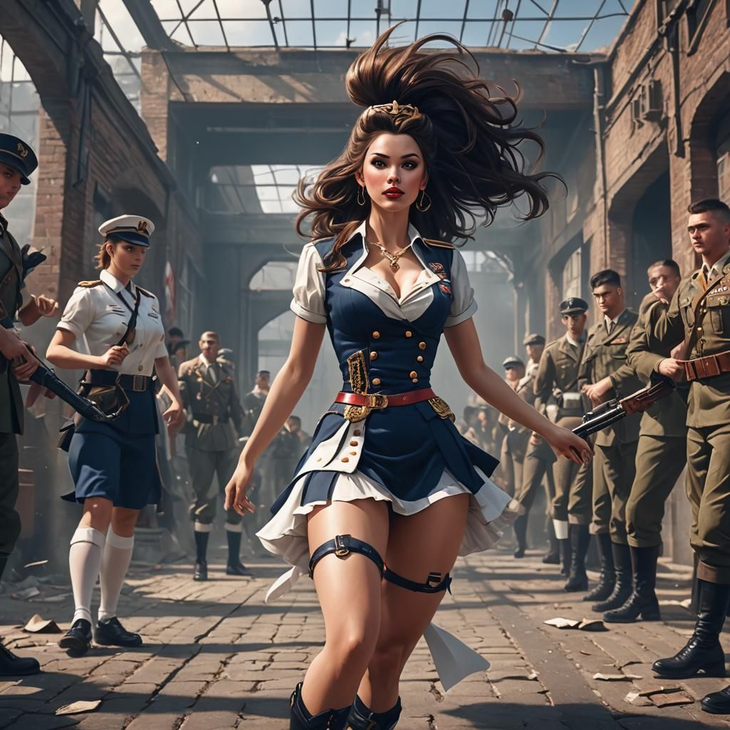 Brunette Pin-Up Dancer in Military Uniform, Digital Art