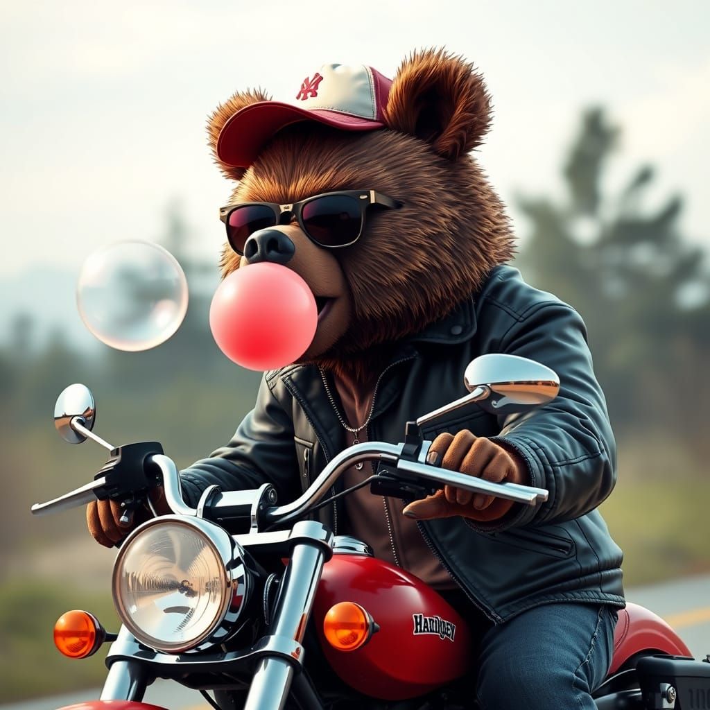 Biker Bear Riding Harley with Bubblegum