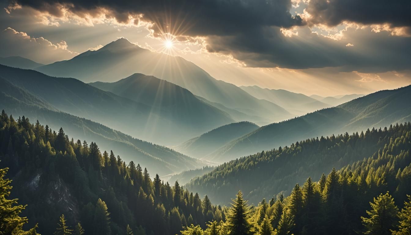 Mysterious Lights Over Mountains in Dark Forest