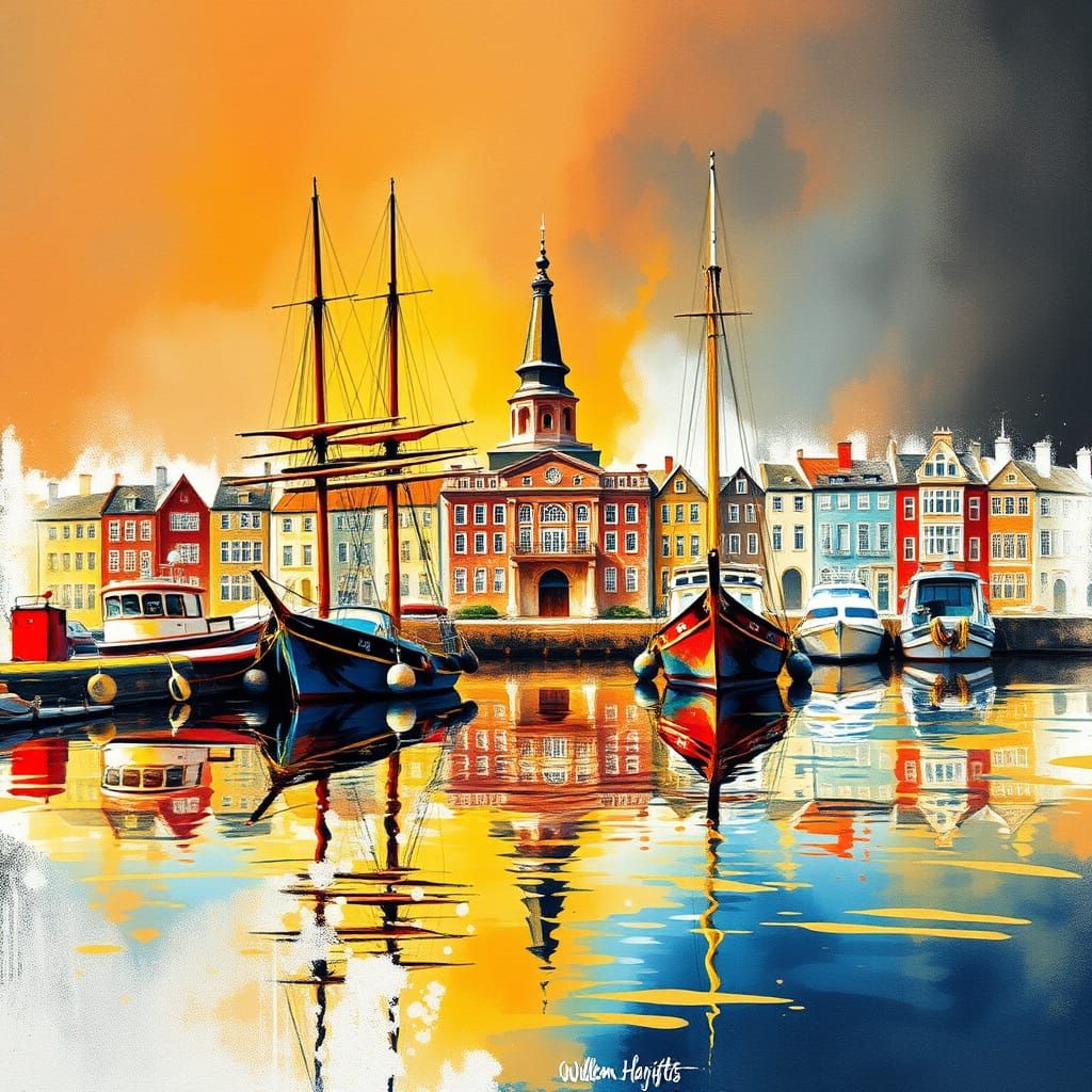 Vibrant Harbor Scene with Sailing Ships as Impressionistic D...