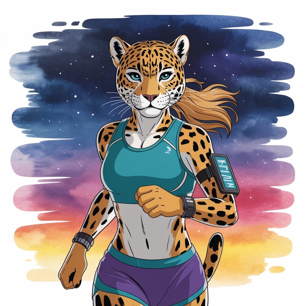 Anthro Jaguar Runner in Astral Watercolor Style