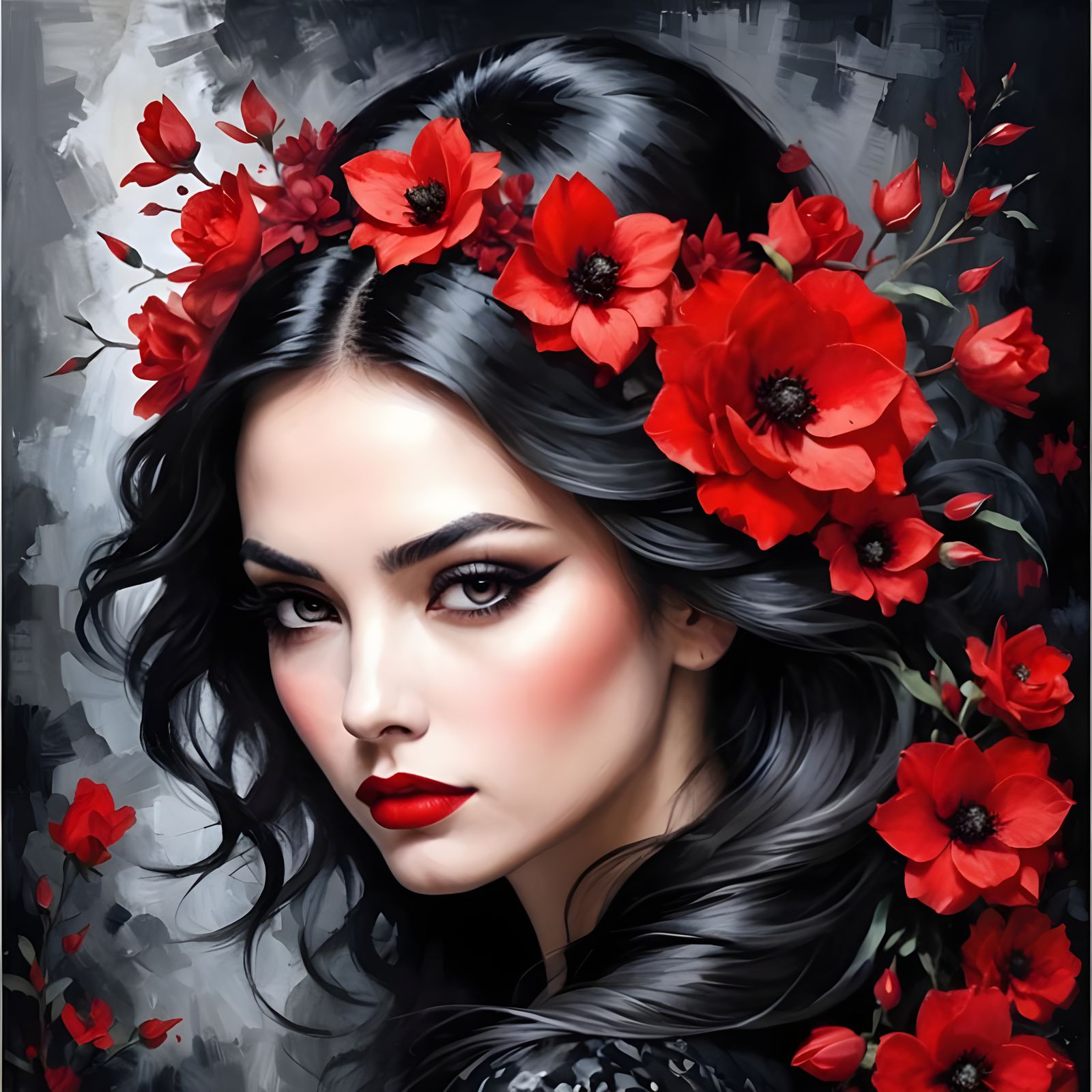 Elegant Woman in Red Floral Hairpiece