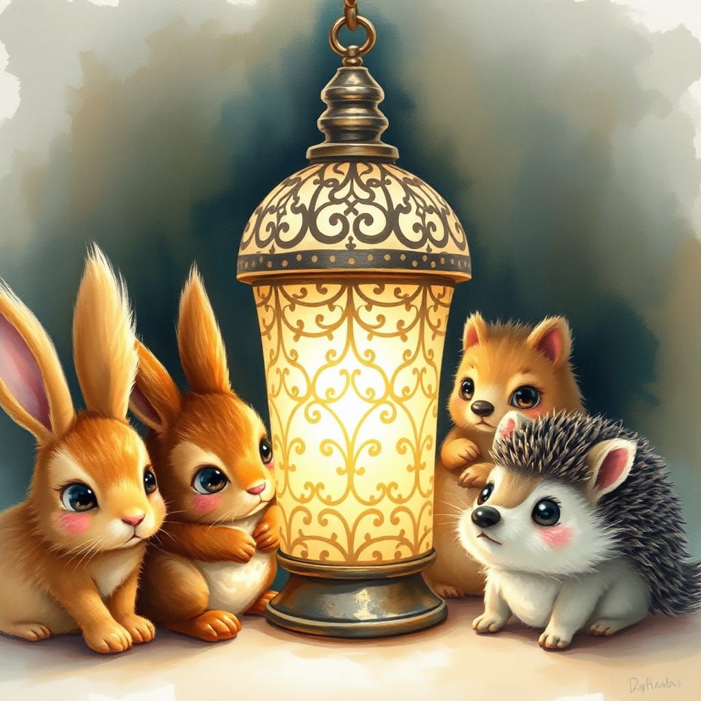 Enchanting Lantern Gathering in Watercolor Style