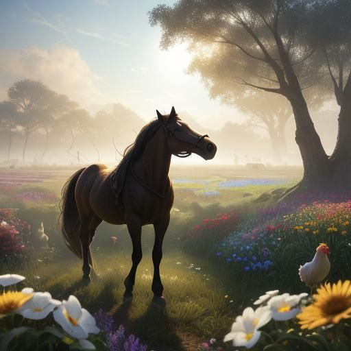 Mystical Farm with Horse and Chicken in Kindergarden