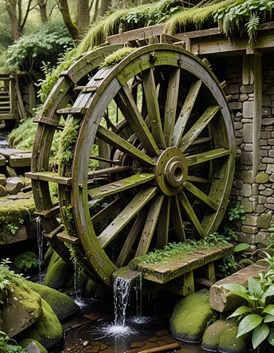 Rustic Water Wheel Overgrown with Moss in a Vintage Style