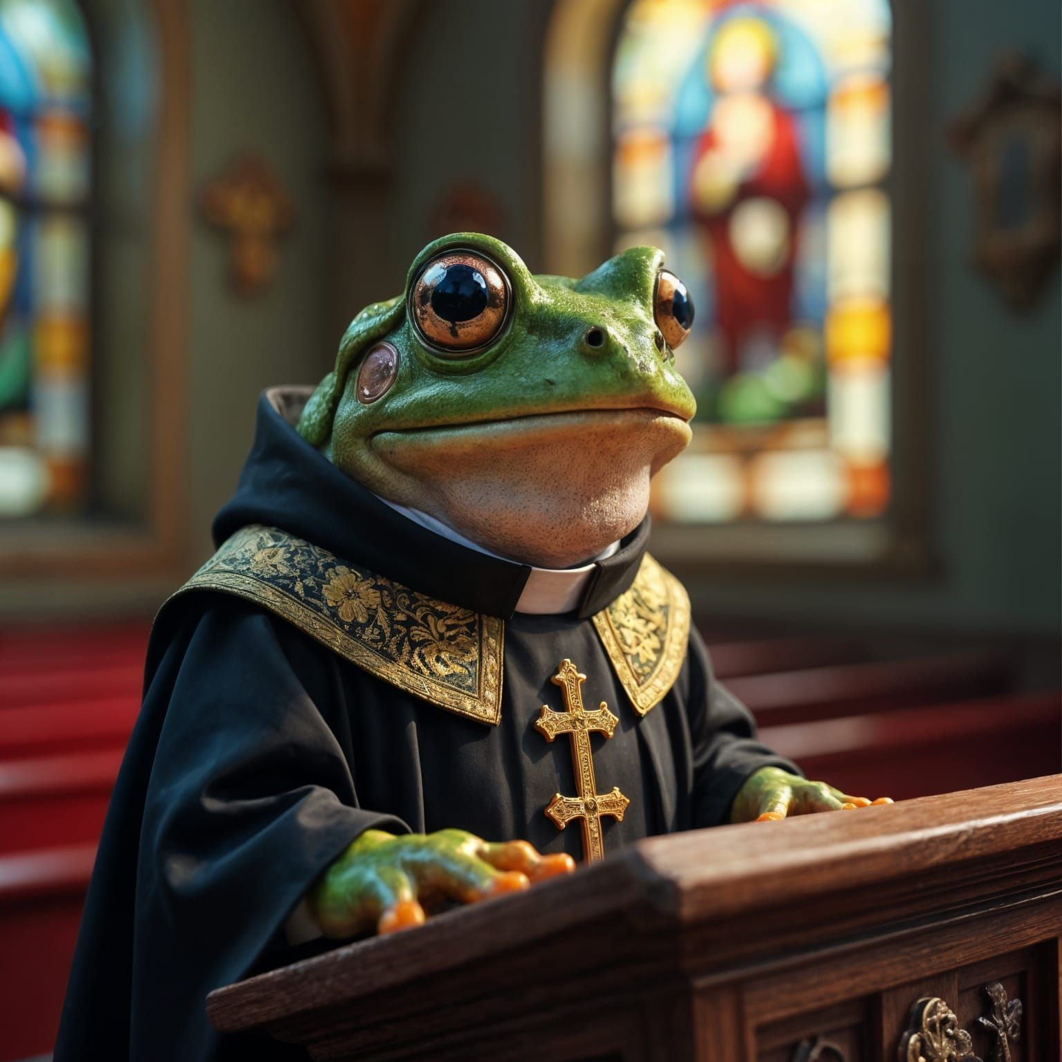Frog Priest Giving Sermon in Hyperrealistic Detail