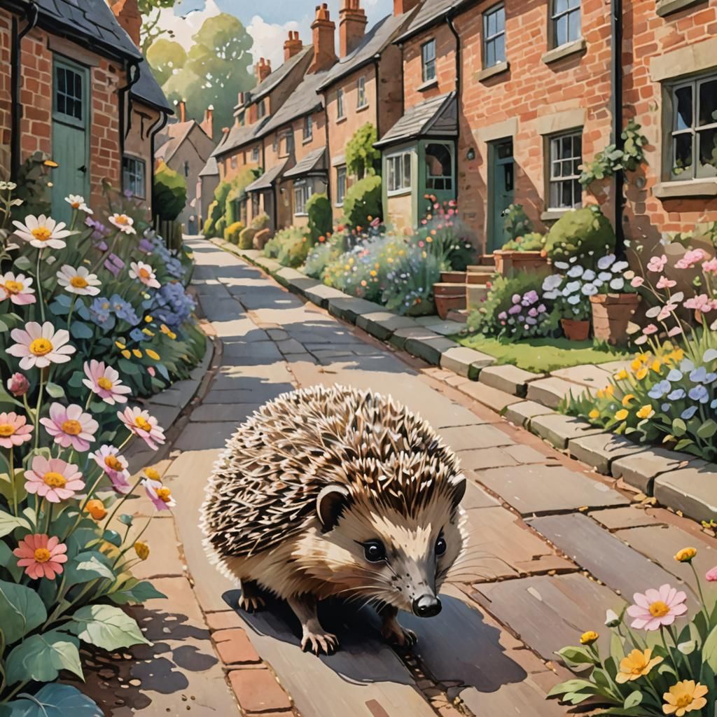 Hedgehog's Whimsical Walk: Gouache Painting in English Villa...