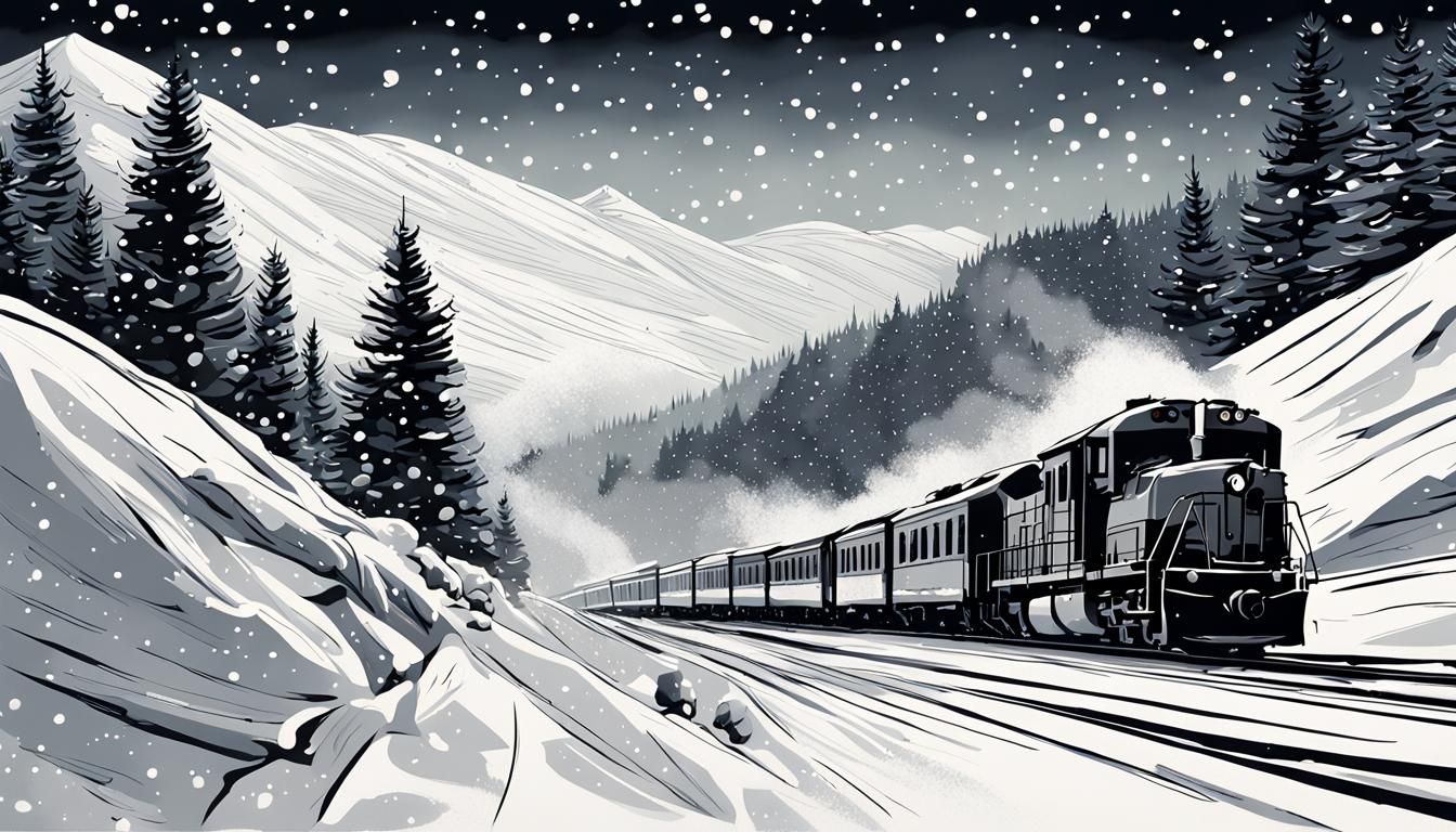 Winter Train Storm in Hyperrealistic Ink Plot Art