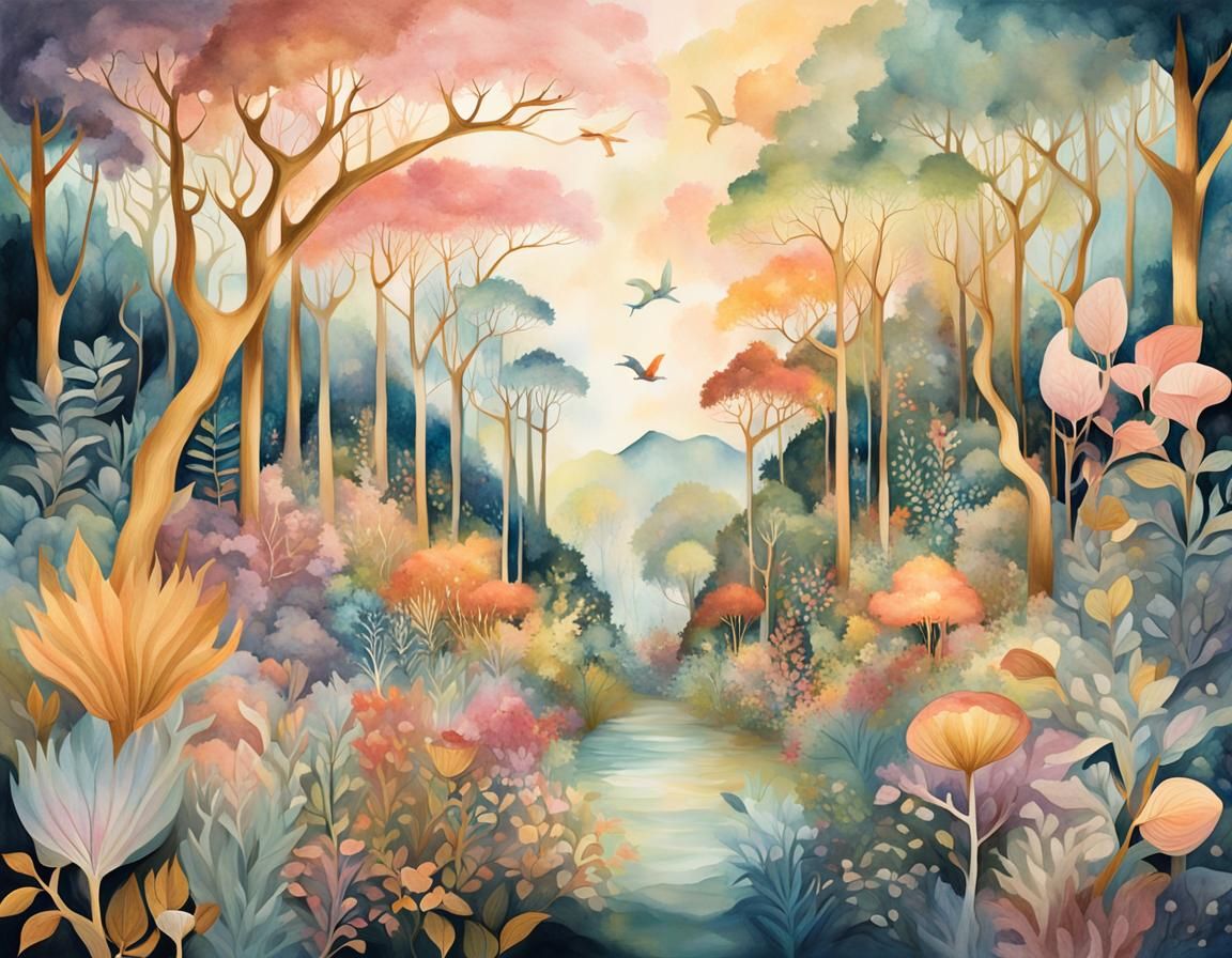 Surreal Glowing Forest Dreamscape in Pastel Watercolors