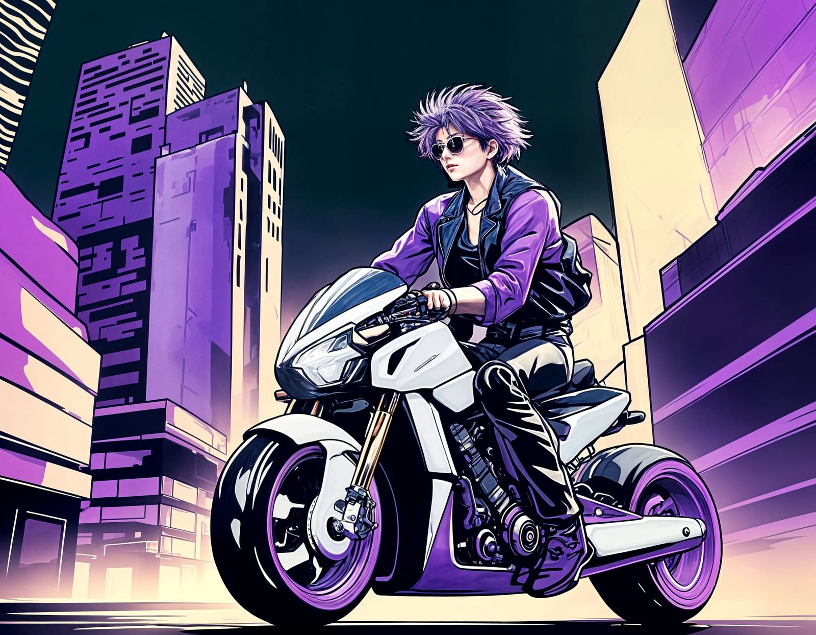 Purple-Haired Motorcyclist in City, Manga Style