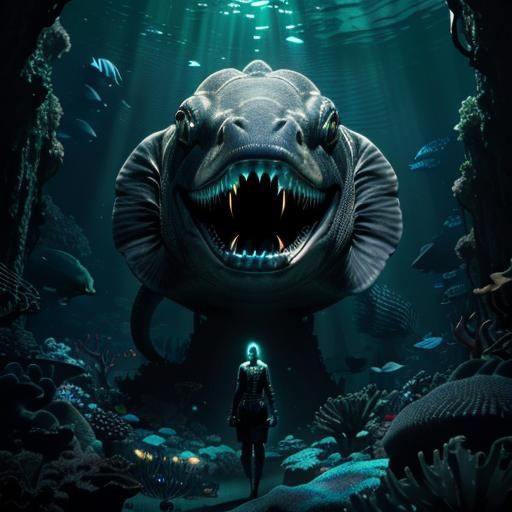 Terrifying Bioluminescent Moray Eel in Dark Underwater Photo