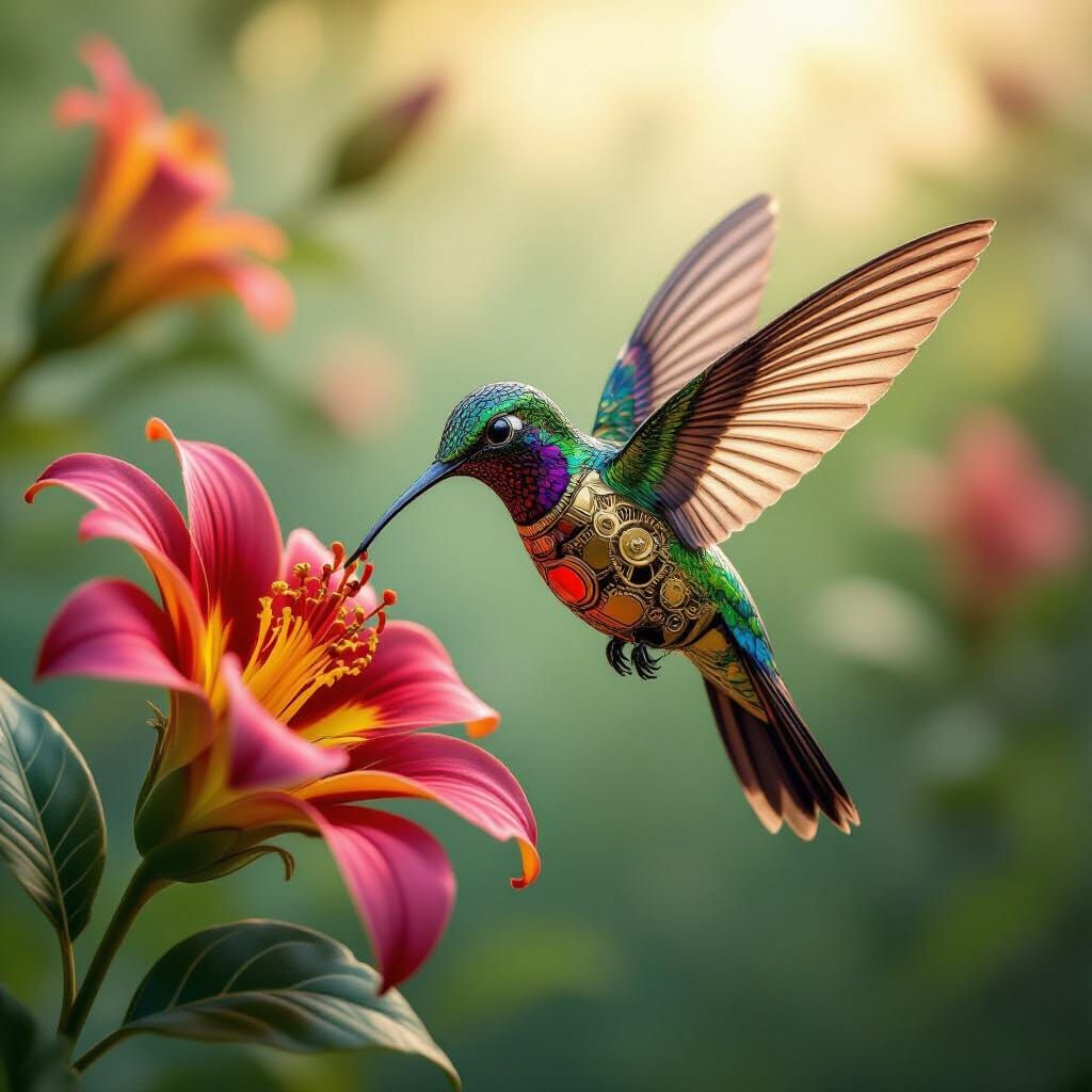 Steampunk Hummingbird Sipping Nectar from Exotic Flower