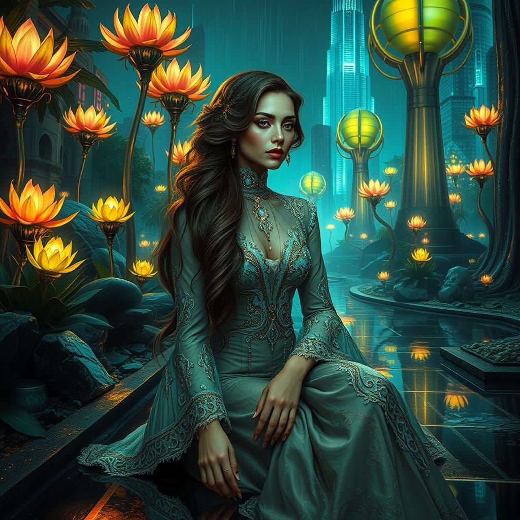 Ethereal Goddess in Futuristic Garden with Bioluminescent Fl...