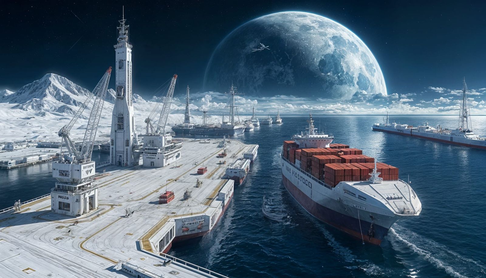 Futuristic Moon Harbor with Earth Horizon