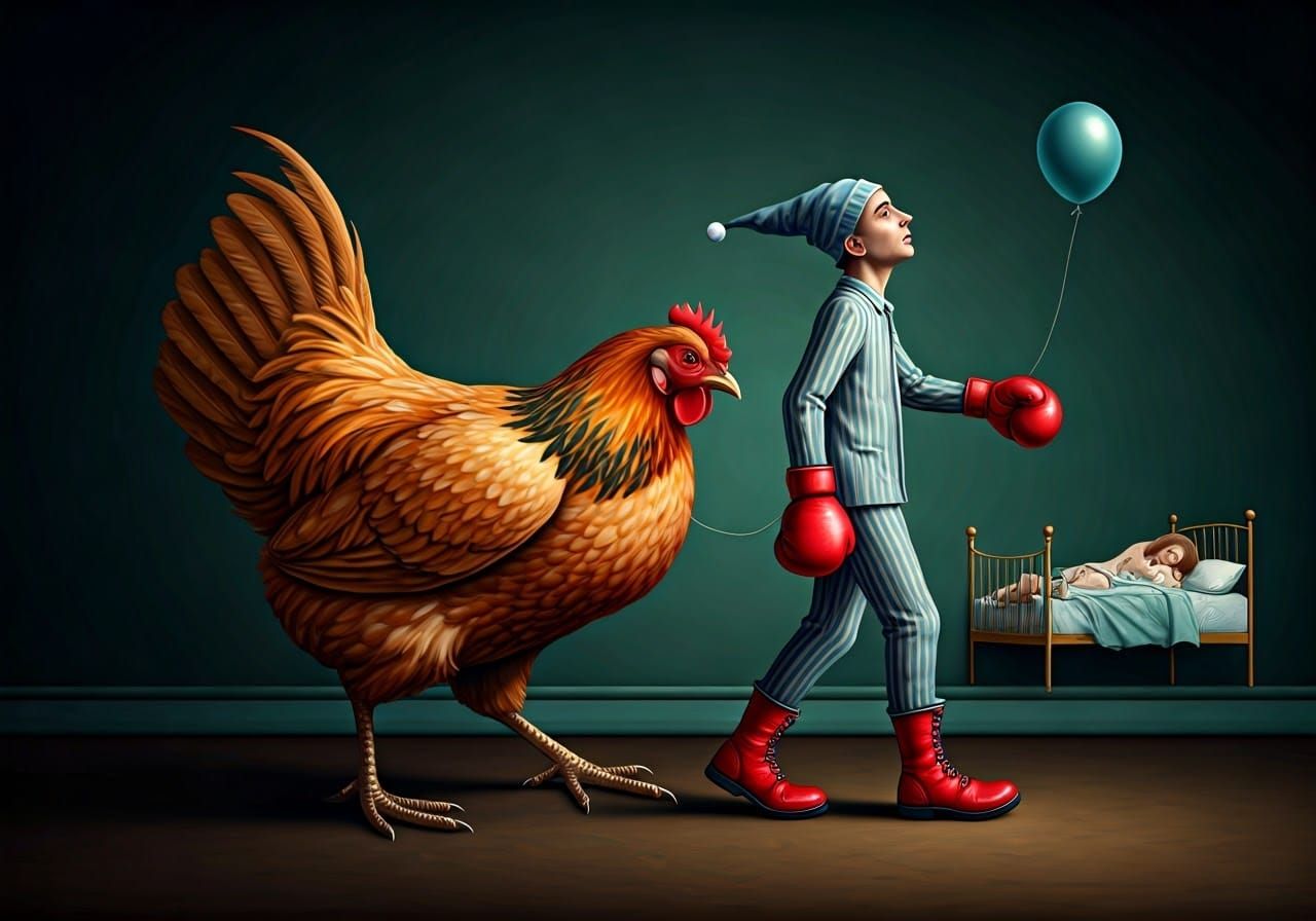 Sleepy Wanderer Walks with a Majestic Hen in a Vibrant Fanta...