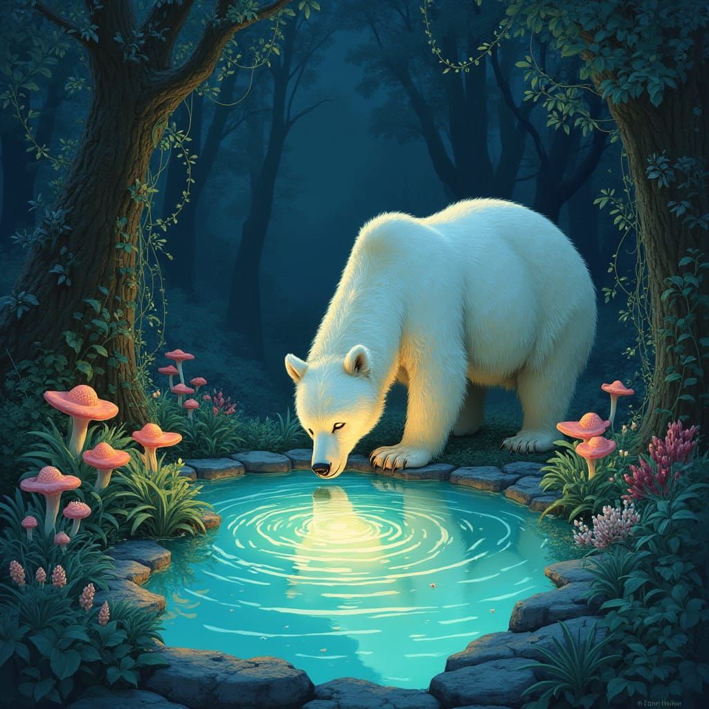 Opalescent Bear in Bioluminescent Grotto, Fairy Tale Art