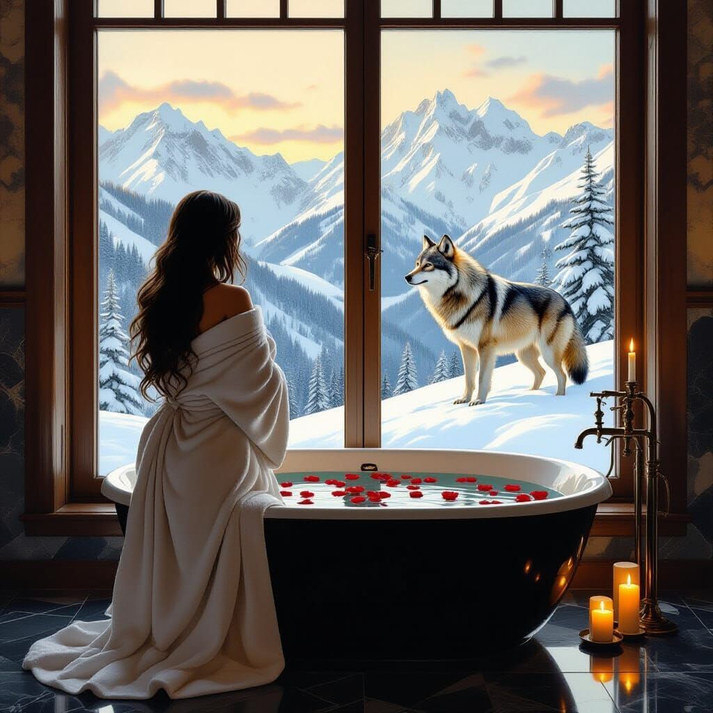 Woman Gazing at Wolf in Snowy Mountains, Art Nouveau
