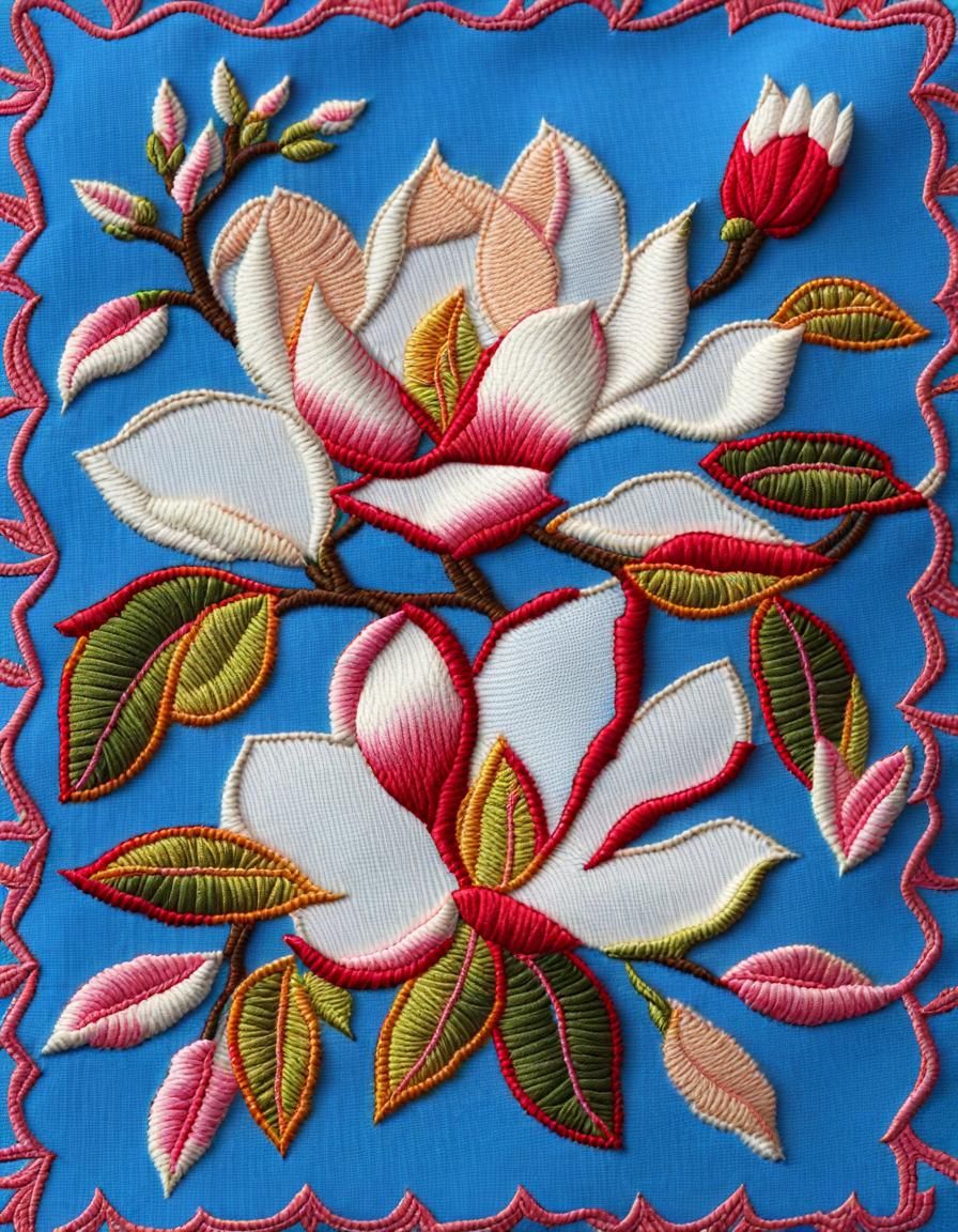 Vibrant Floral Embroidery on Blue Sky Background