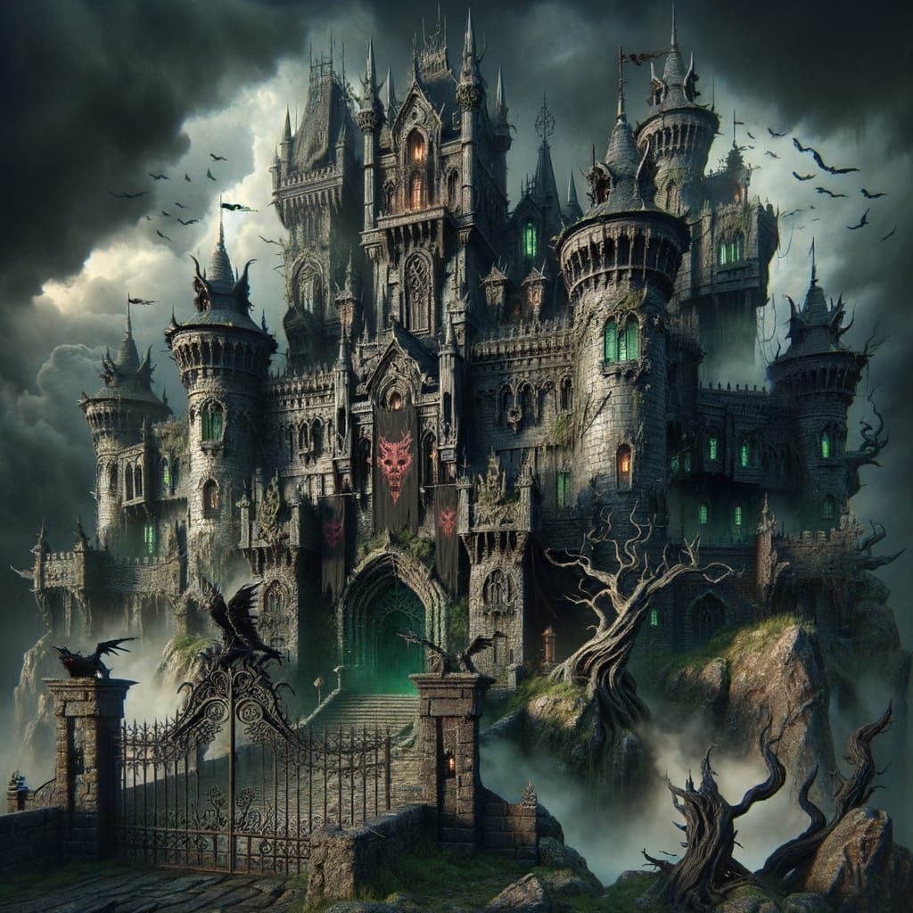 Regal Dark Castle on Rocky Hill with Dragon Carvings