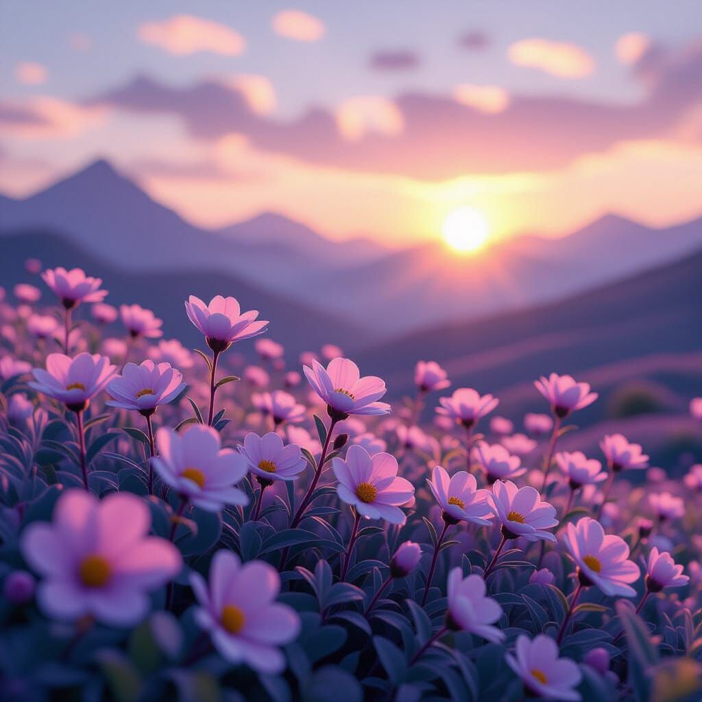 Golden Hour Sunrise Over Pink Flowers and Purple Mountains