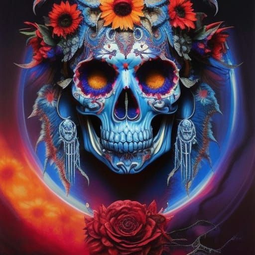 Bioluminescent Punk Rock Skull with Sunflowers