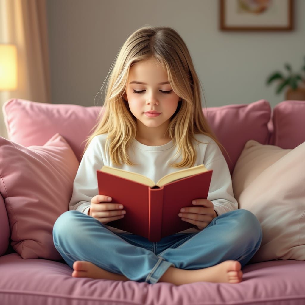 Girl Reading on Pink Sofa, Digital Illustration