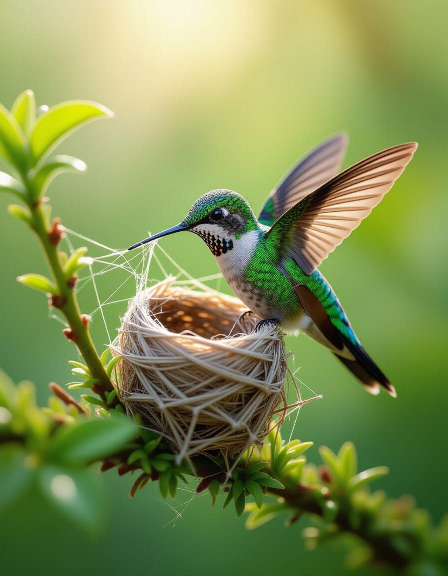 Hummingbird Building Tiny Nest in Macro Photography Style