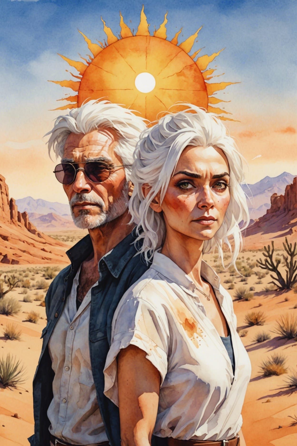 Desert Cartoon with White-Haired Characters