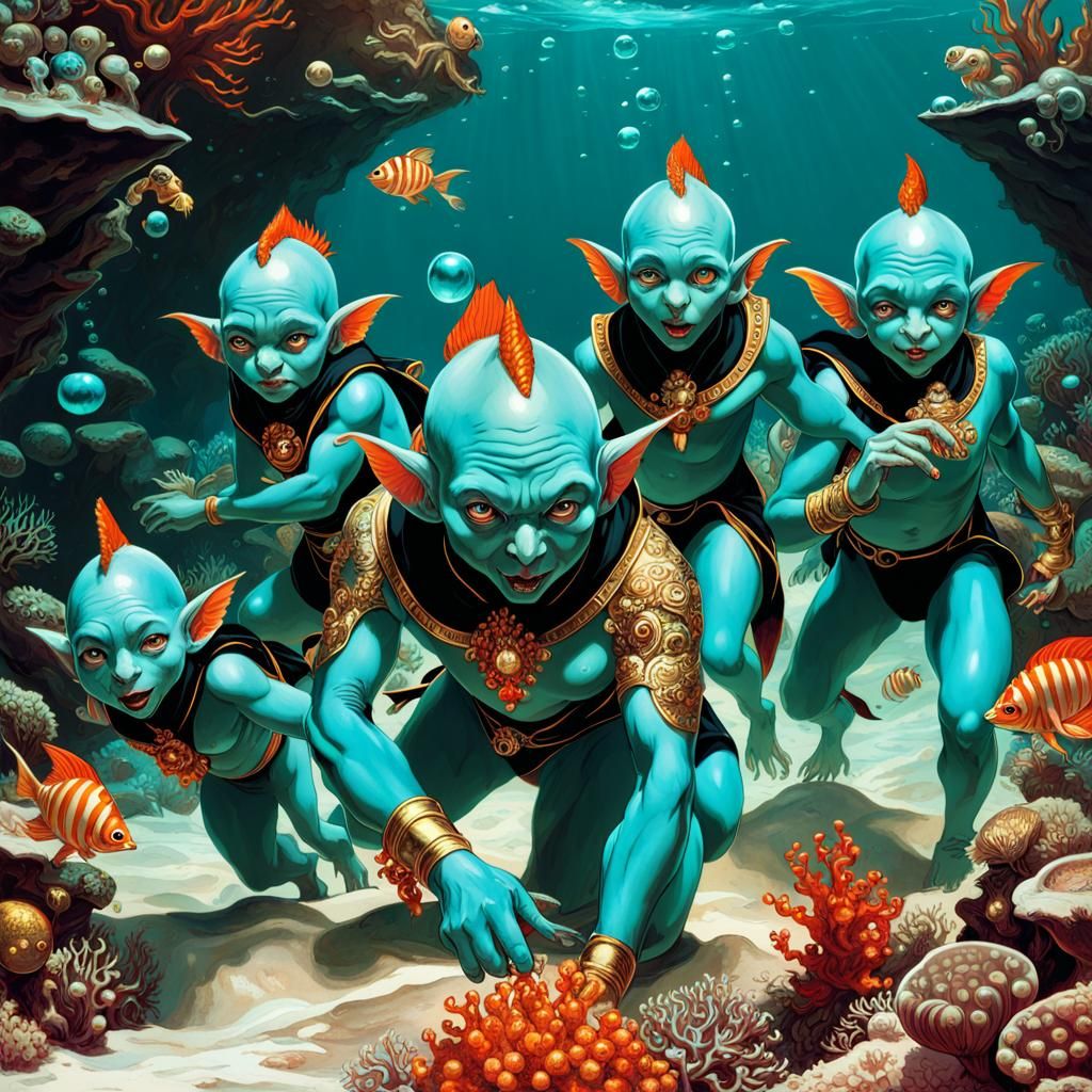 Luminescent Turquoise Goblins Playing in Coral Reef