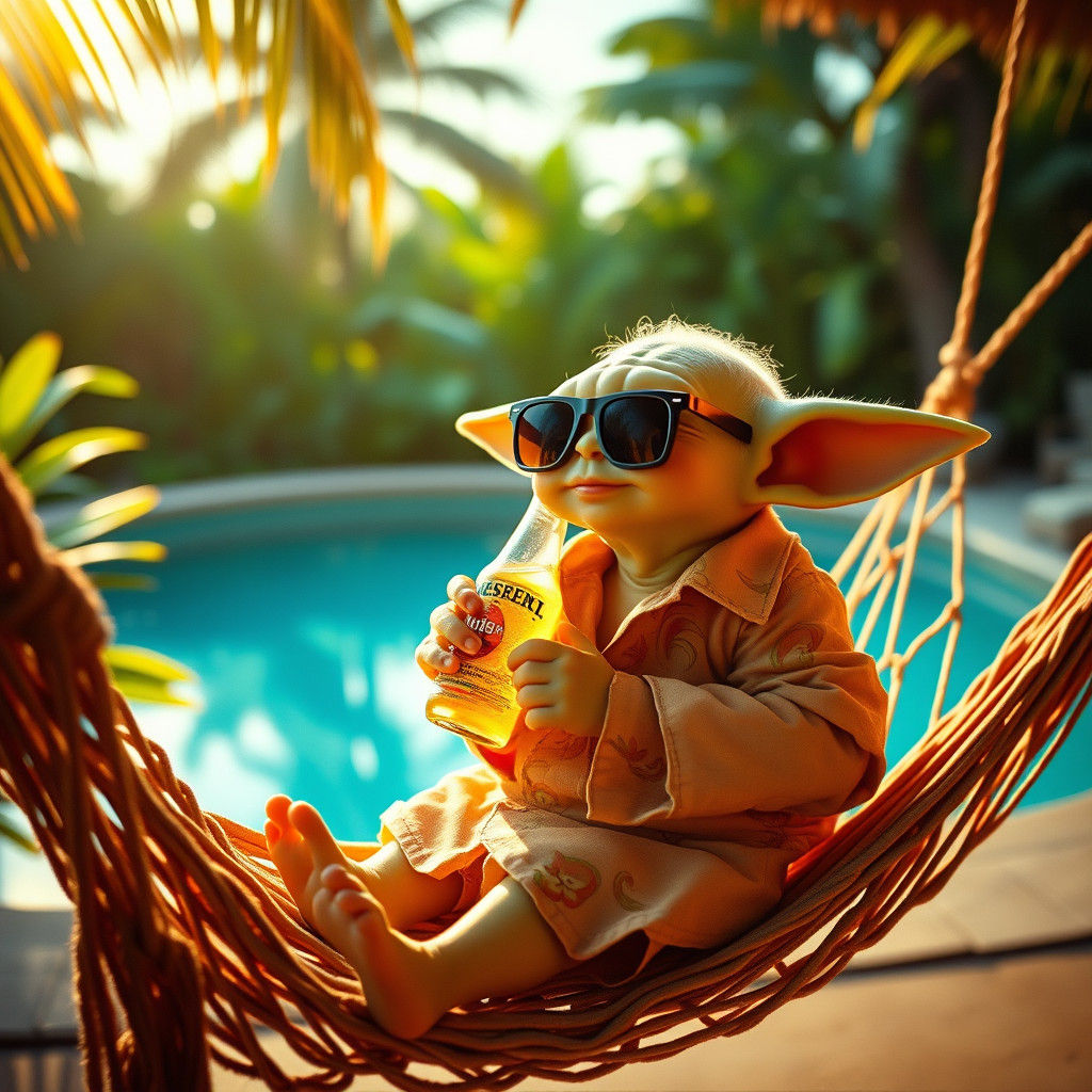 Baby Yoda Lounging in Hammock with Beer