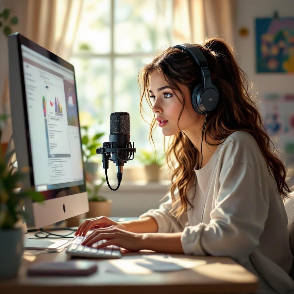 Teenage Girl Speaks Into Microphone in Bright Room