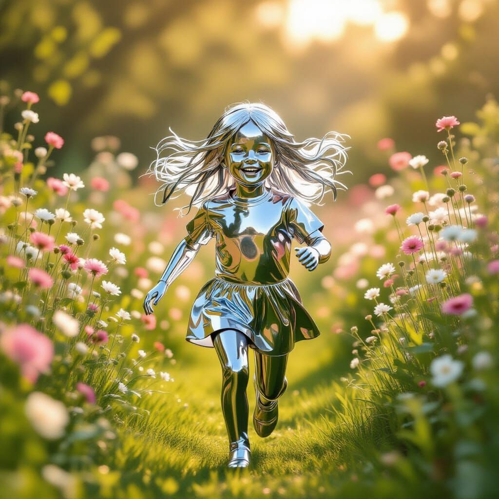 Chrome Girl Running in Lush Garden with Pastel Flowers