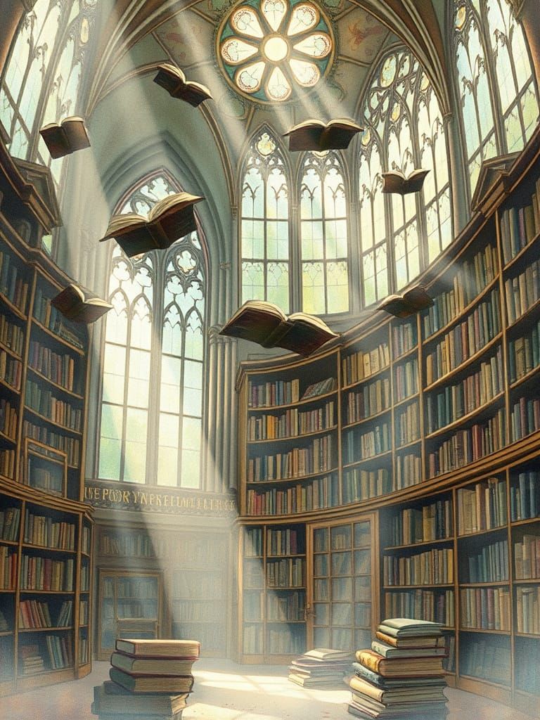 Dreamlike Forgotten Library with Floating Books
