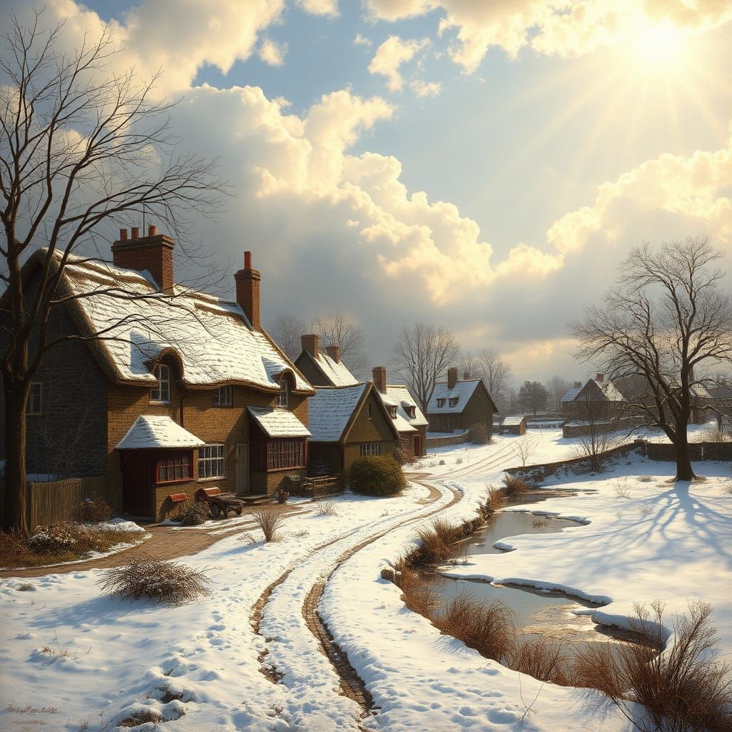 English Village Winter Scene in Romantic Style