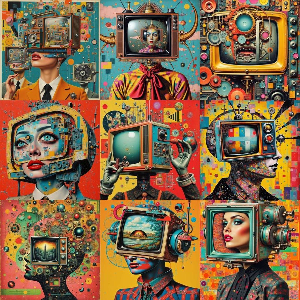 Retro Futuristic TVhead Collage in Bold Primary Colors