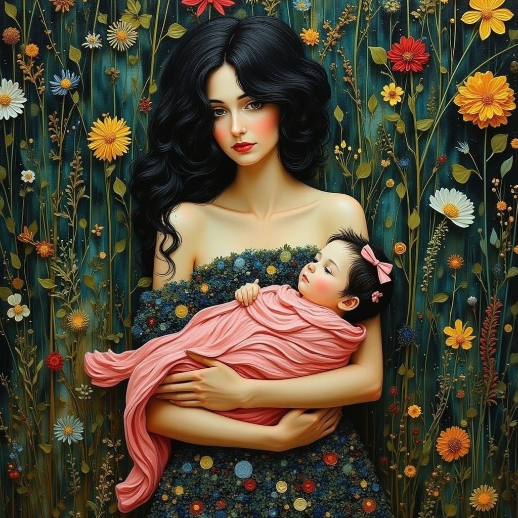 Dark Haired Woman in Opulent Portrait with Newborn Baby Girl
