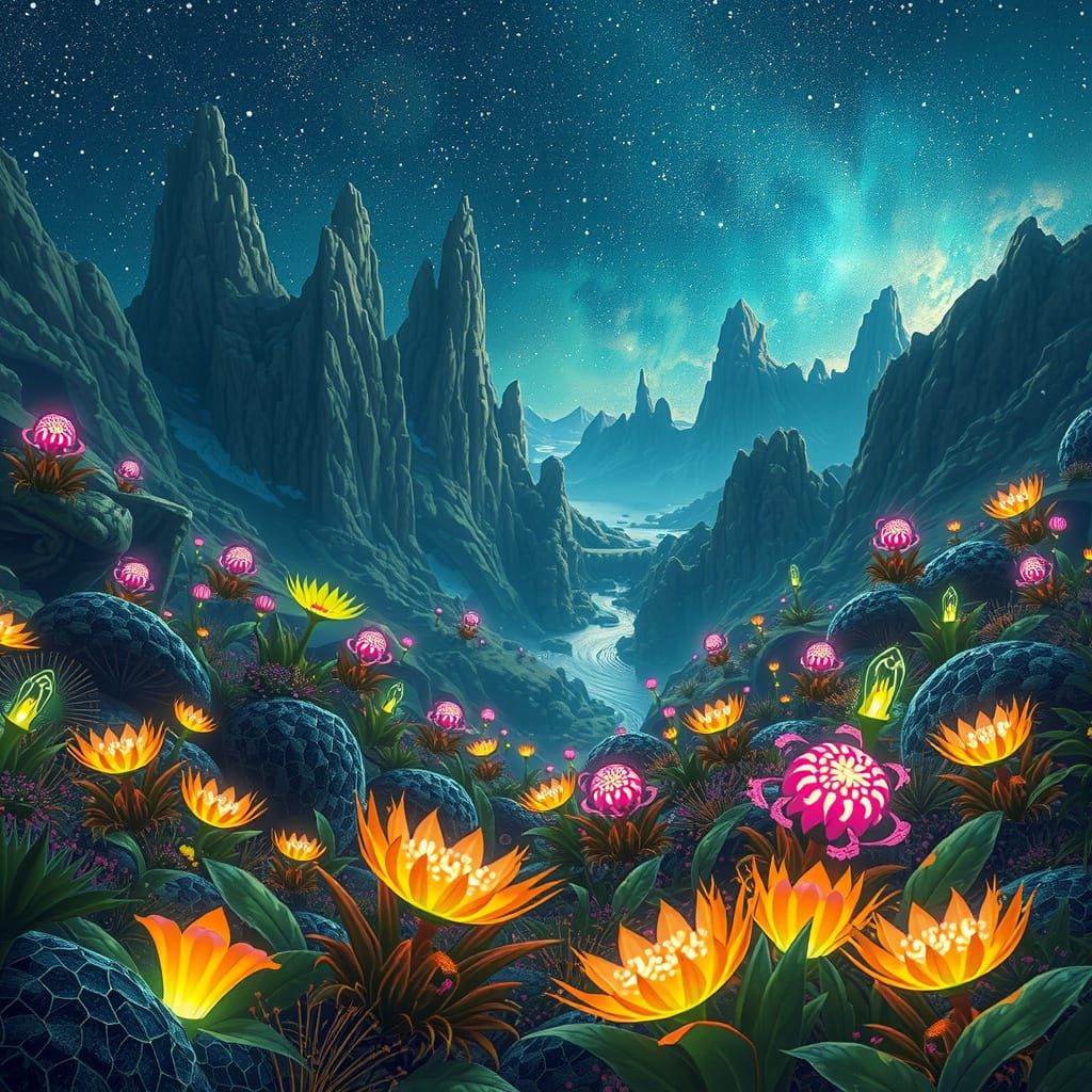 Bioluminescent Flora in a Futuristic Landscape