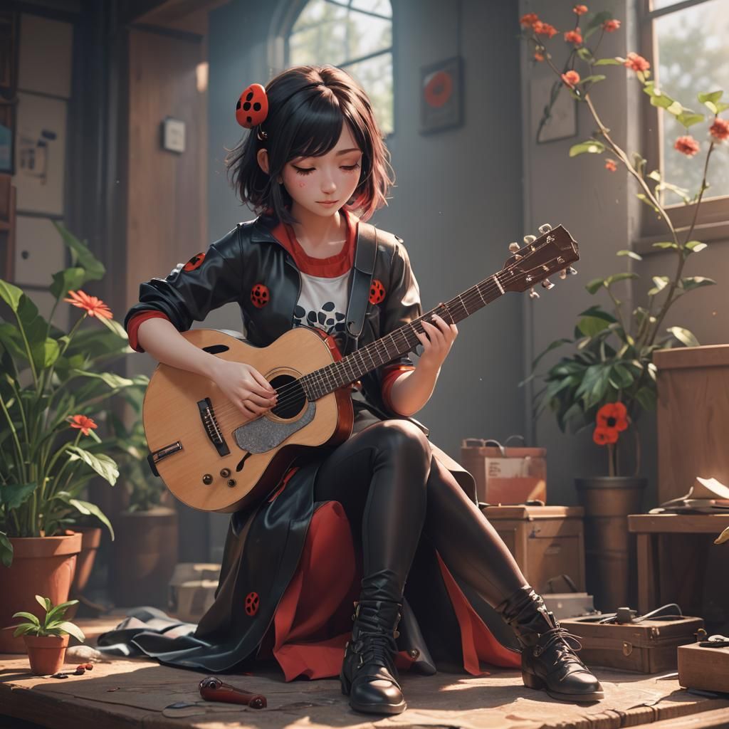 Ladybug Plays Guitar: Anime-Inspired 3D Art