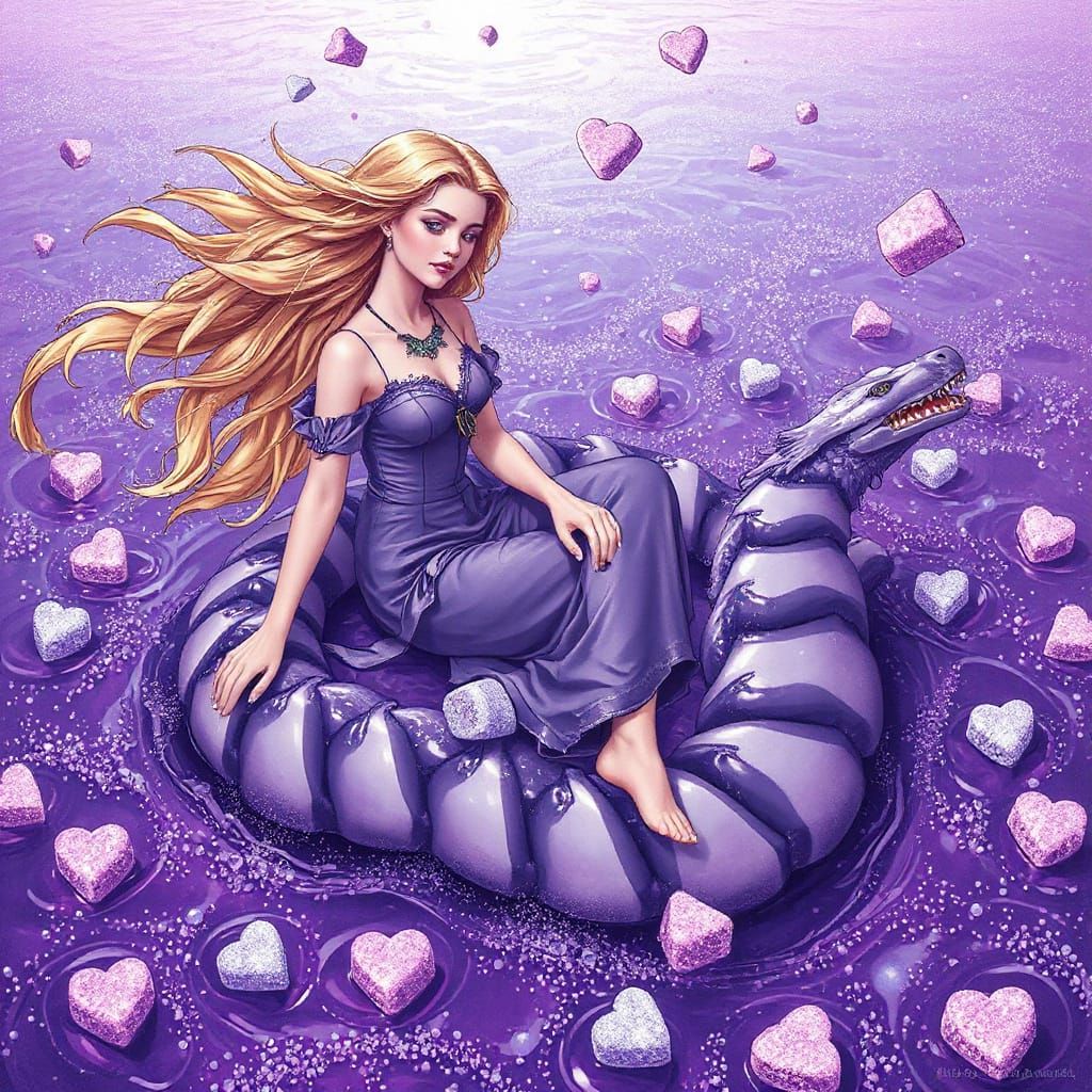 Golden-Haired Woman on Gummy Serpent in Violet Soda Sea