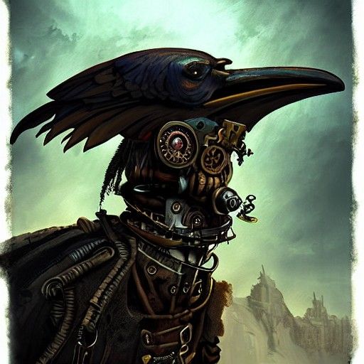 Steampunk Crow in Post-Apocalyptic Landscape