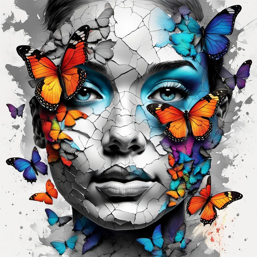 Cracked Face Reveals Colorful Butterfly Layer