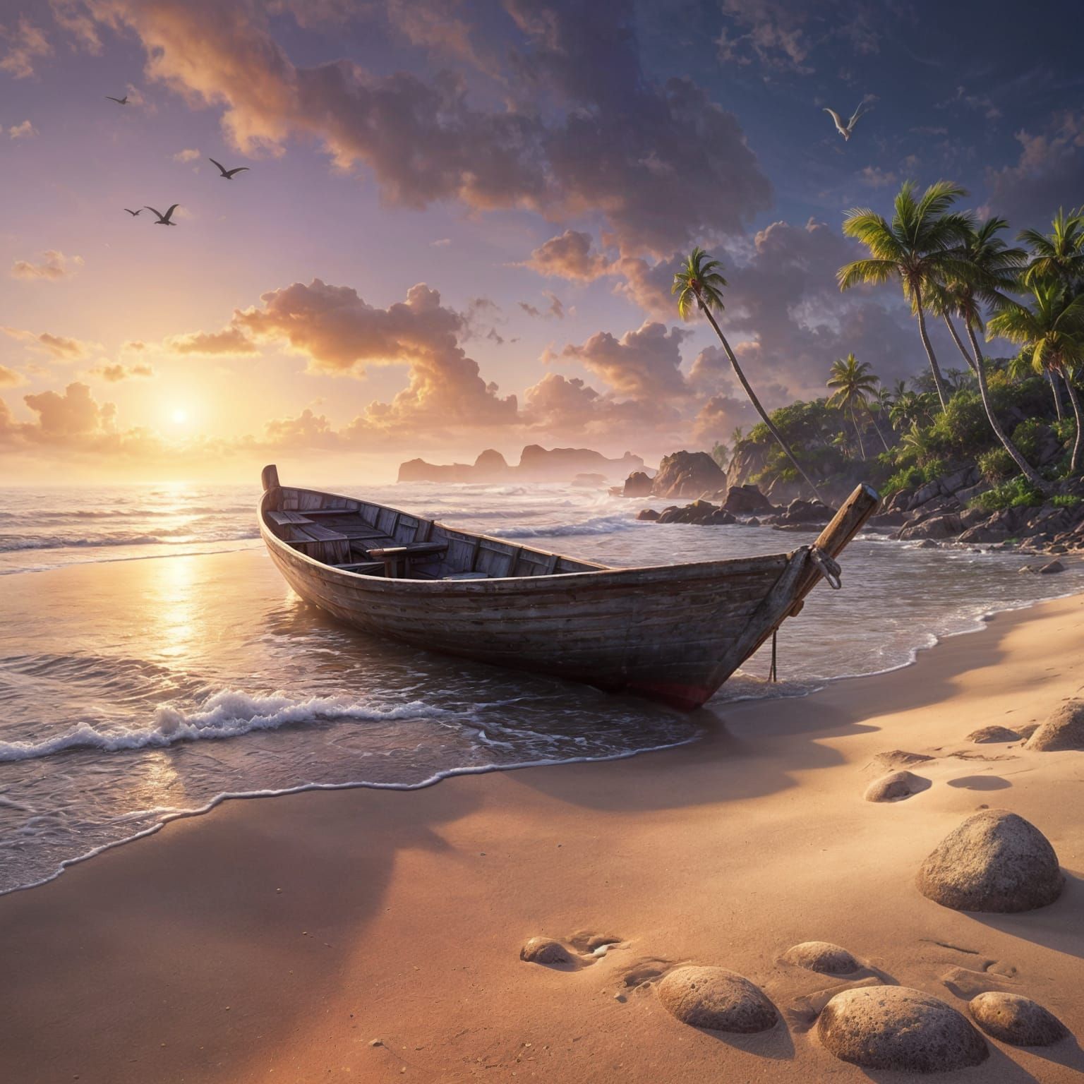 Tropical Beach Sunset with Boat and Heart in Sand