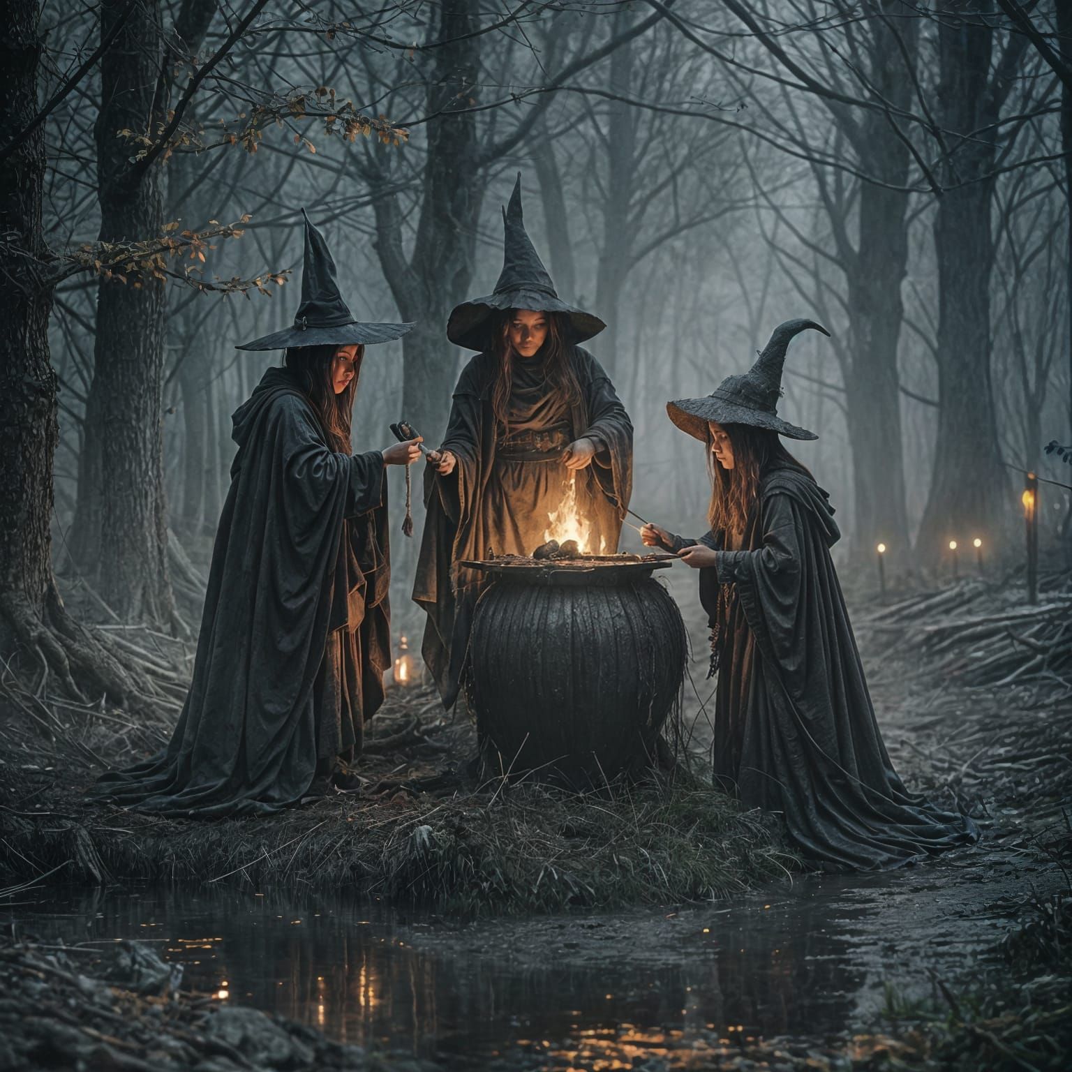 Eerie Witches Gathering in Misty Forest at Night