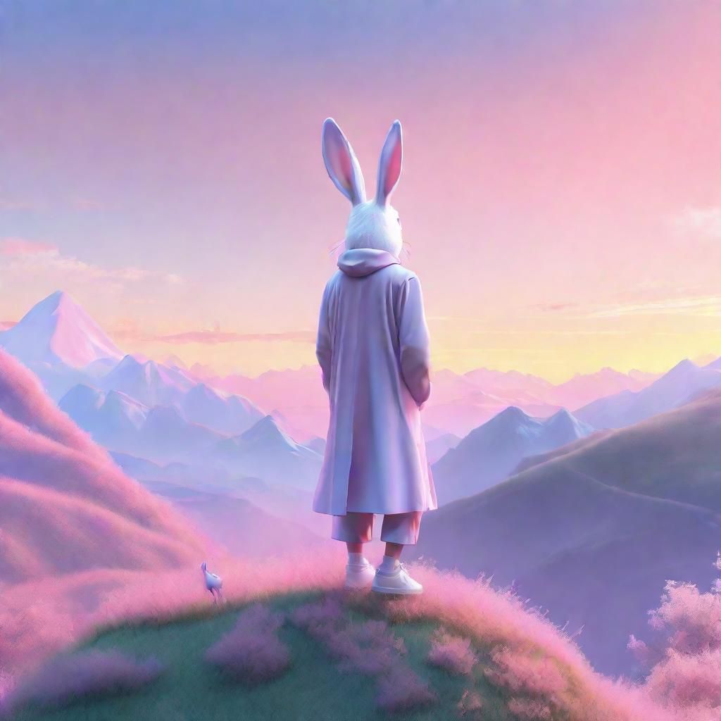 Anime Man with Floating Rabbit in Pastel Hues