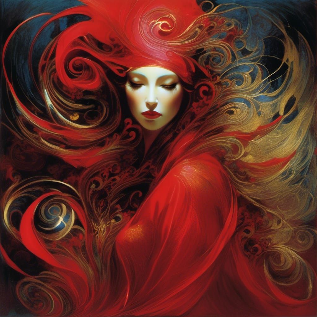 Woman in Red: Dark Mixed Media Portrait