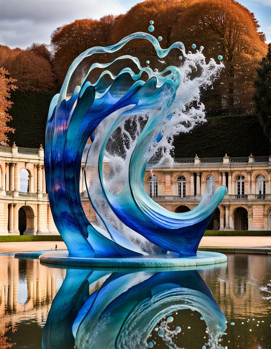 Blue and Coral Glass Wave Sculpture in Versailles