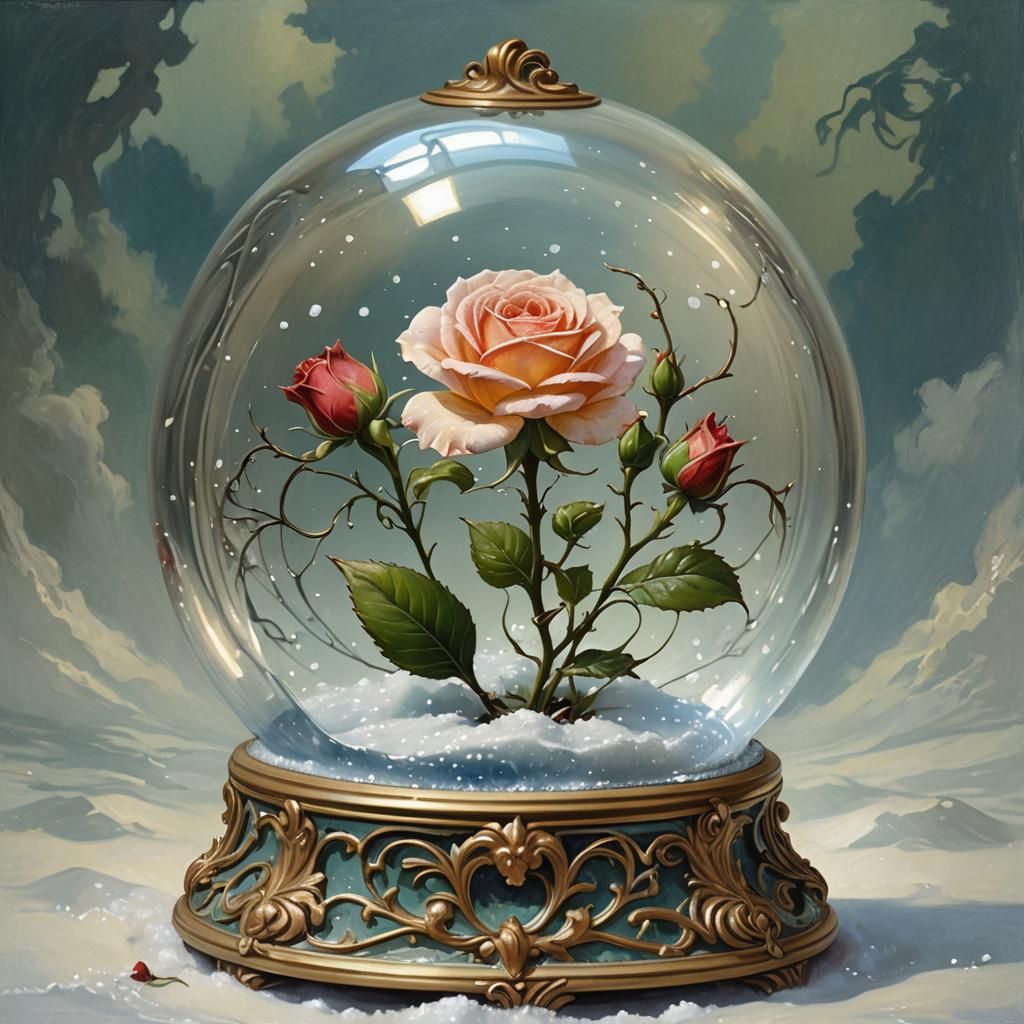 Art Nouveau Snow Globe Rose: Oil Painting