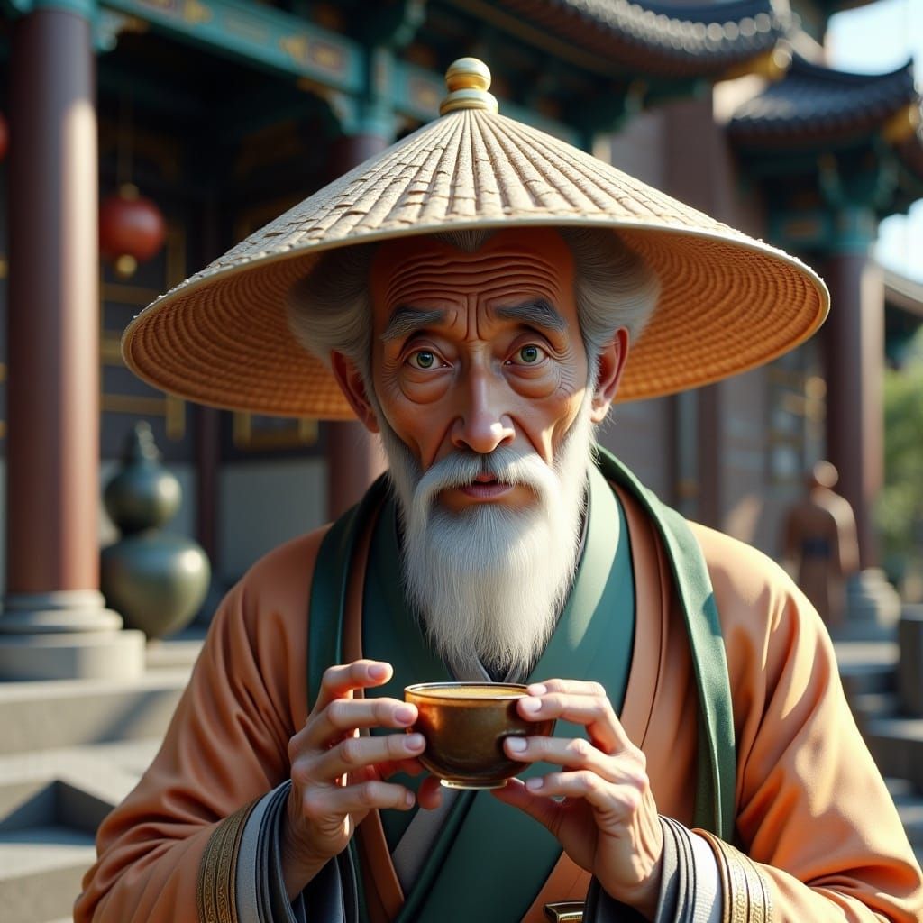 Serene Elderly Man Sipping Tea at Ancient Temple
