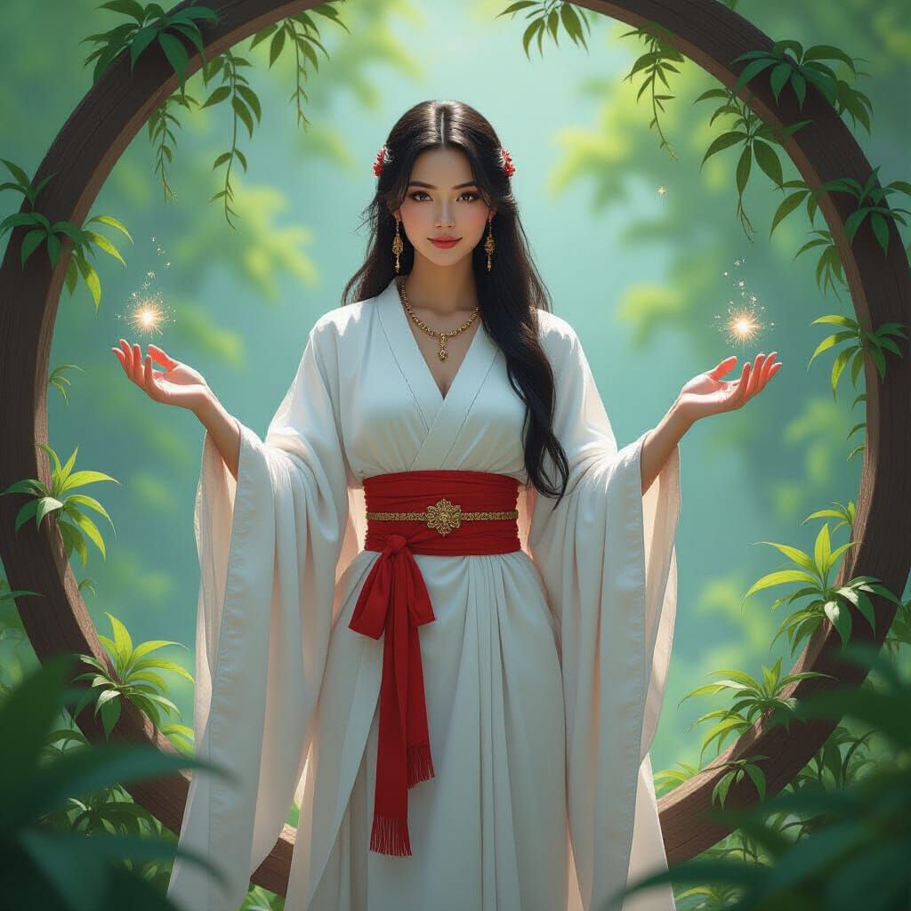 Female Shaman Healing Pain in White Robes with Red Belt