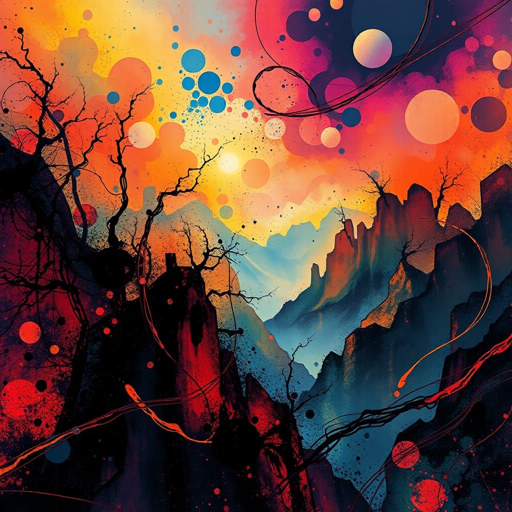 Dreamlike Ink Splatter Landscape in Digital Art Style